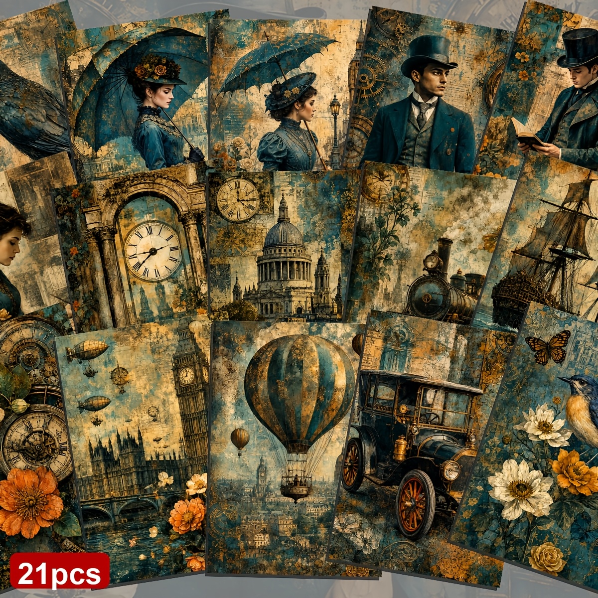 TEMU A Set Of 21 Steampunk Victorian Era Postcards, Vintage Collage Artwork, Suitable For Writing On Cardboard, Smooth Surfaces, Scrapbooks, Junk