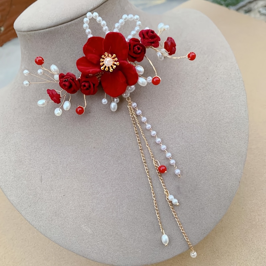 TEMU Nouvelle pince à cheveux de style chinois avec fleur à cheveux rouge et pompons, et stylée