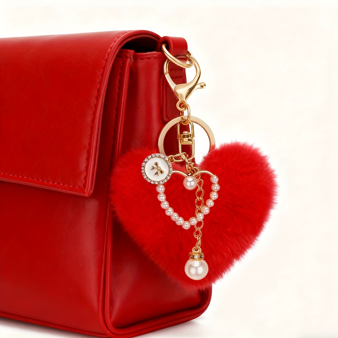TEMU 1pc Heart Shaped Pearl Chain Plush Ball Keychain - Bag Decoration With Flower Decoration | Faux Backpack, Suitcase, Key Additions