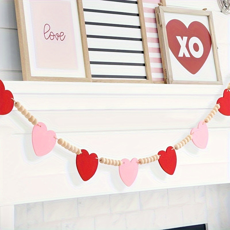 

Valentines Day Decor-red Pink Felt Heart Wood Beads Garland For Valentines Decorations - Farmhouse Felt Banner For Fireplace Mantel Walls