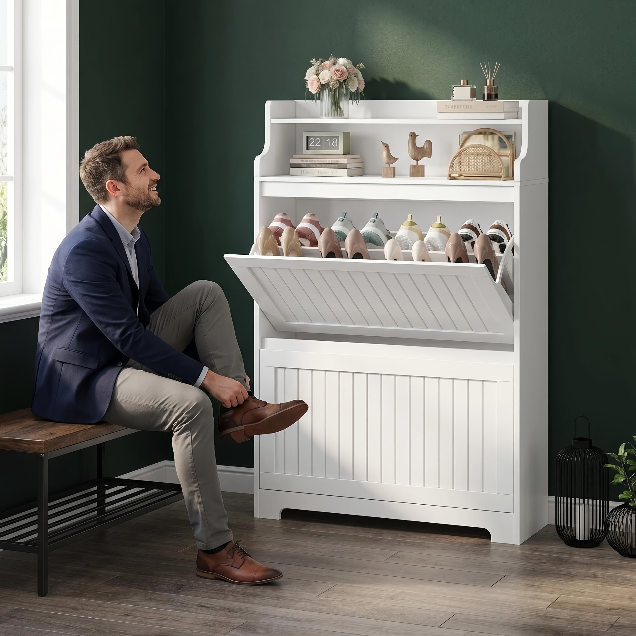 White, Double-, Adjustable Shoe Cabinet Storage, Suitable For Entryway, Hallway, And Living Room. 16-inch Capacity.