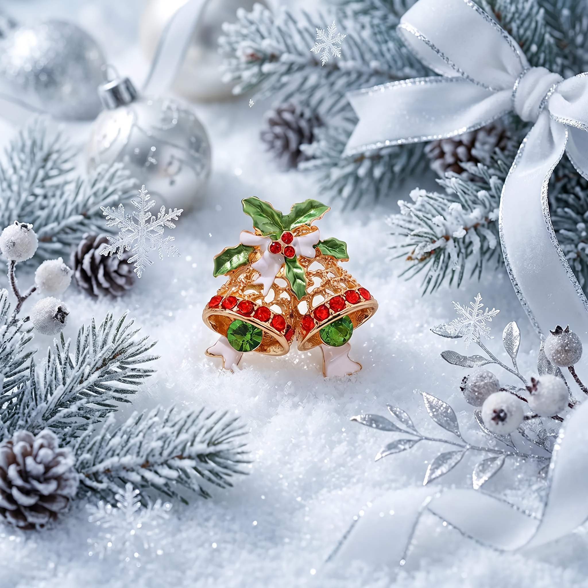 Christmas Enamel Rhinestone Brooch, Double Bell Shape