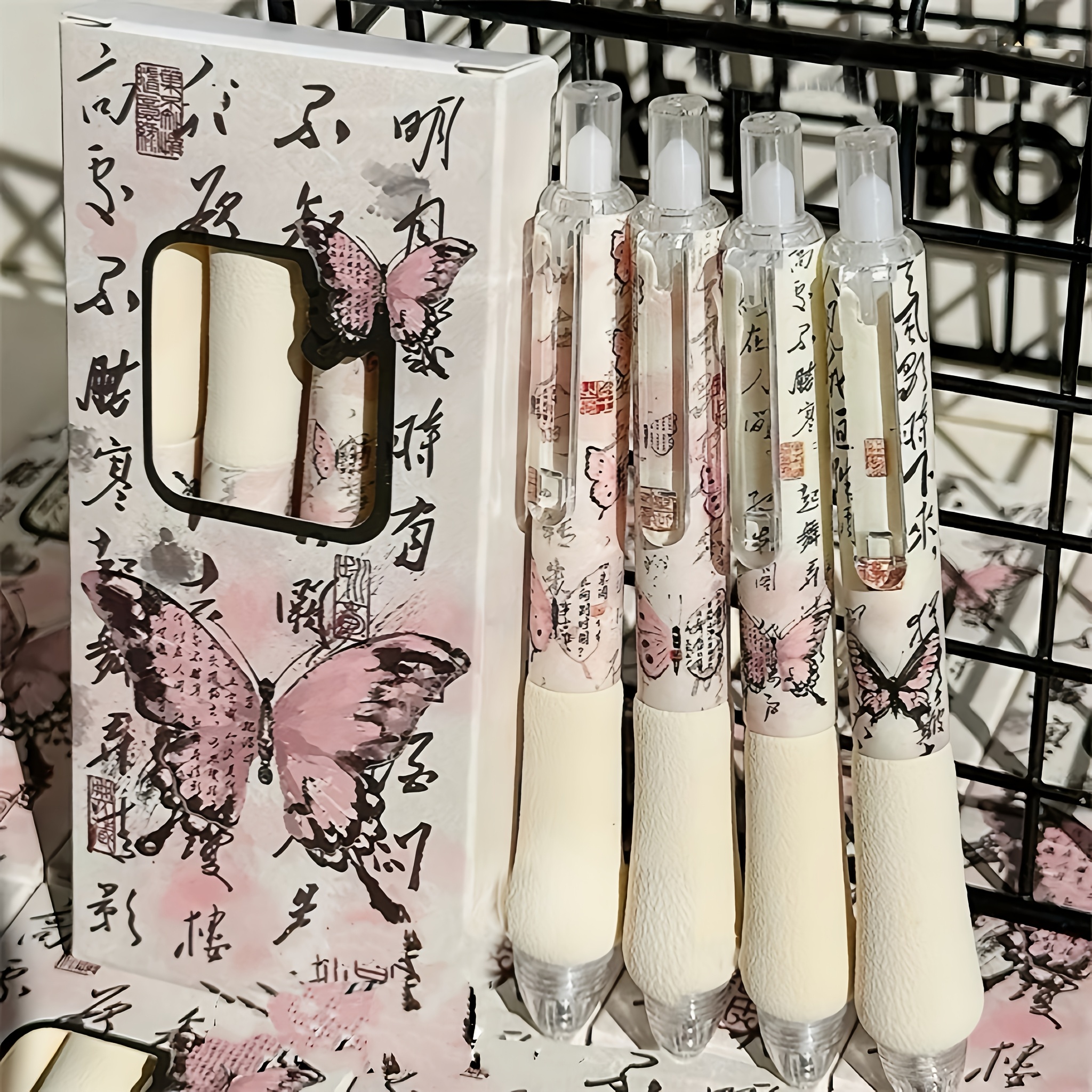 Image of 4pcs/set Gel Pen Of Chinese Rose Pressure Neutral Pen, High Aesthetic Retro Style 0.5 Professional Brush Problem Pen, Black Pen, Got Full Marks In The Exam
