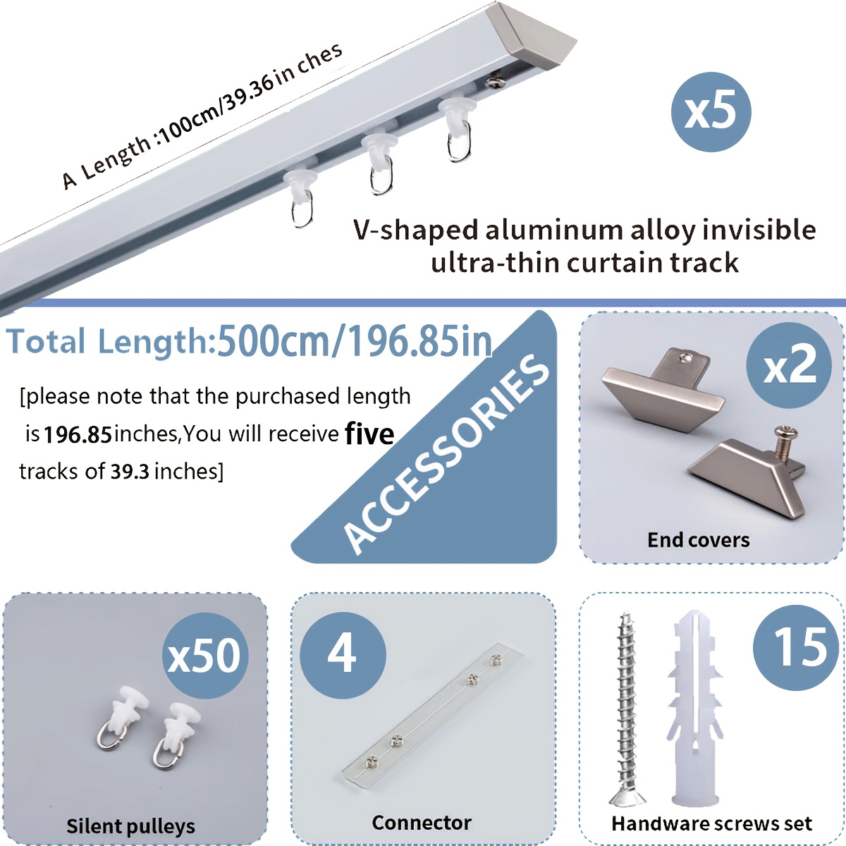 TEMU 1 Set Ultra-thin V-shaped Aluminum Alloy Invisible Curtain Track Adjustable&extendable Design, Ceiling/wall-mounted Silent Gliding Single Rail