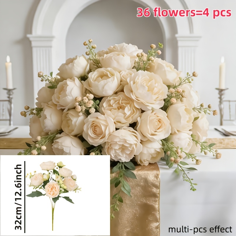 TEMU 36pcs Flowers And 4pcs Bouquets Of Champagne-colored Artificial Peony Flowers, High Fidelity Real Touch And Full 3d Shape, Sun-resistant And