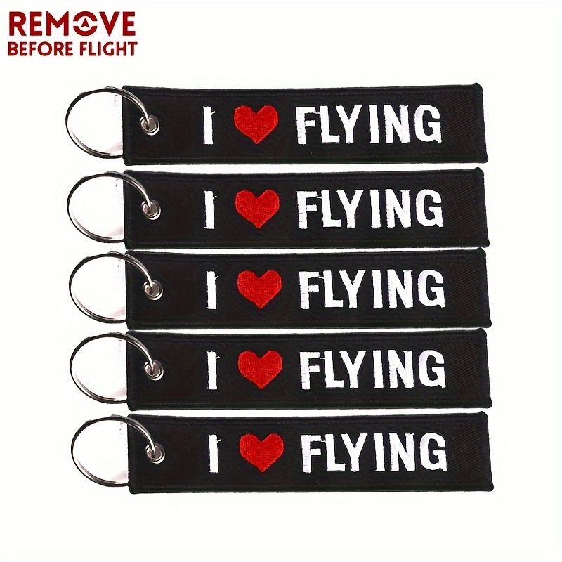 

5pcs Remove Before Flight Keychains - "i Love Flying" Embroidered, With Alloy Ring - Aviation Enthusiasts, Car, Backpack & Motorcycle Decor, Airplane Travel Accessories