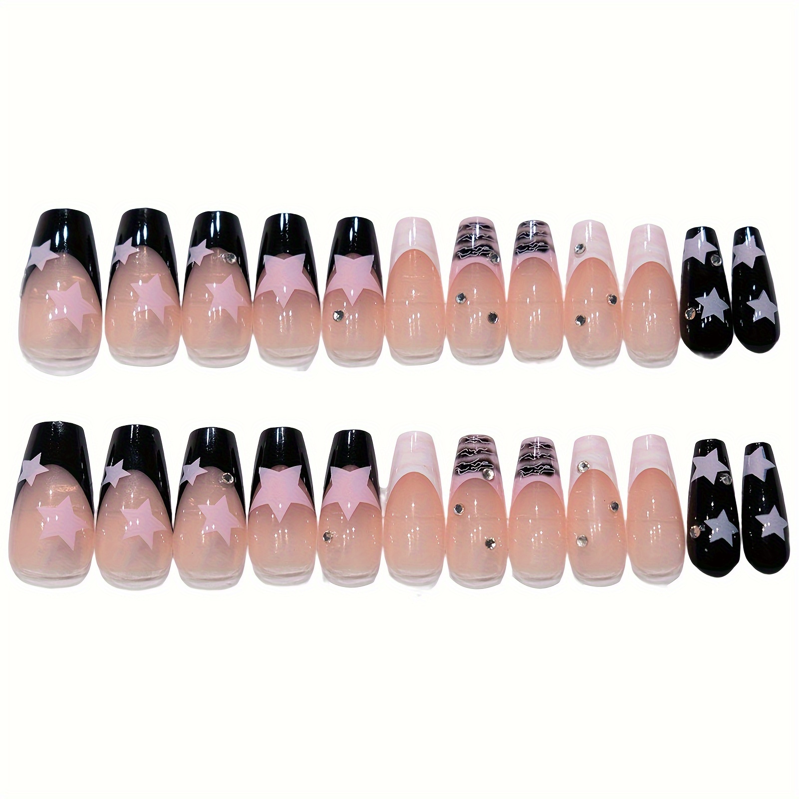 

24pcs French Tip Press On Nails Long Coffin Fake Nails Black Rhinestones False Nails Design Full Cover Artificial Nails Reusable Stick On Nails Glue On Nails For Women Girls Manicure Nail Decoration