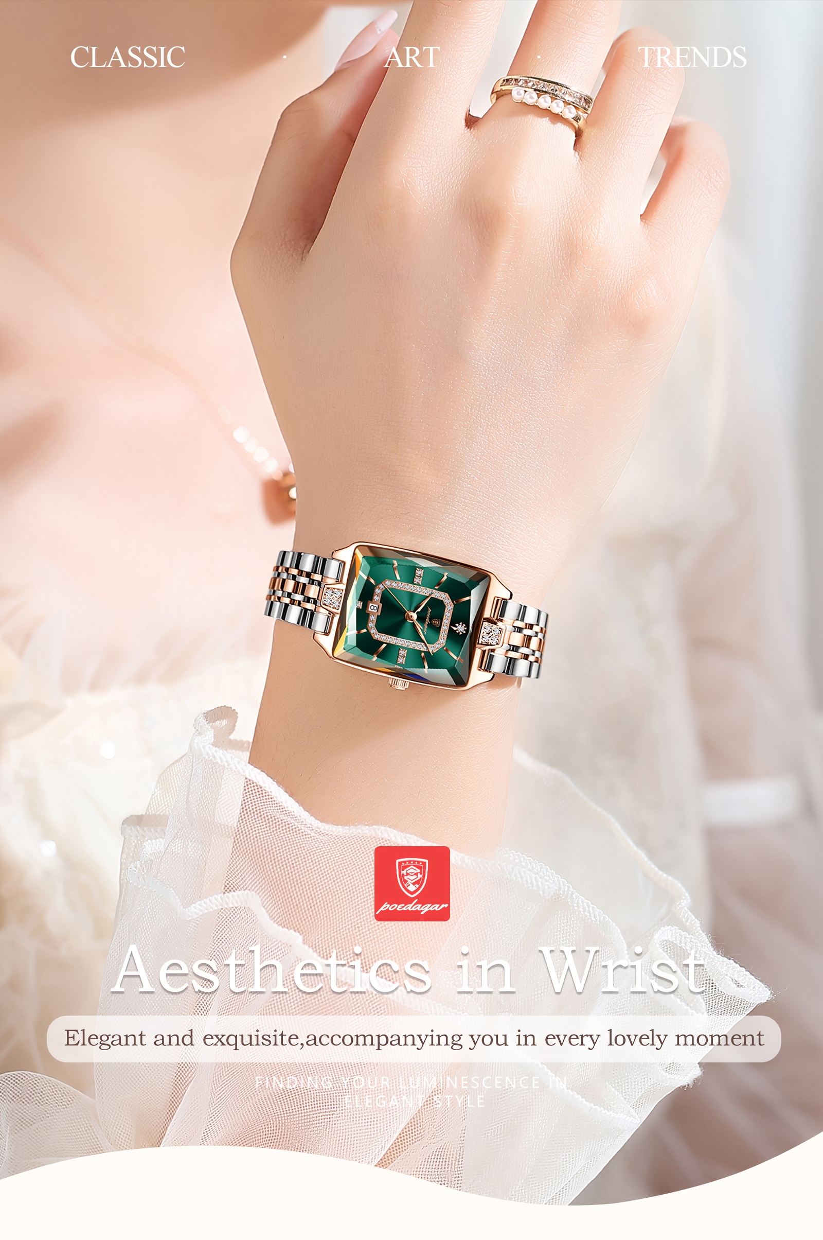 Elegant Waterproof Stainless Steel Square Quartz Ladies Watch with Calendar