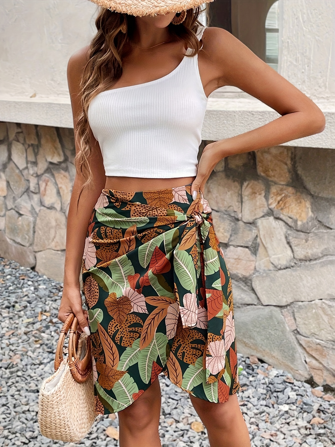Women's French-Inspired Elegant Tropical Floral Print Wrap Skirt  Lightweight Non-Stretch Machine Washable with Bow Detail for Spring Summer  Fall
