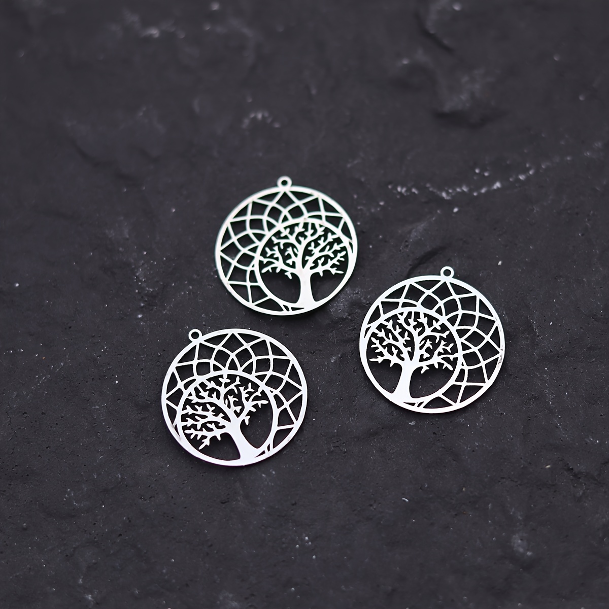 Image of 3pcs Tree Of Life Hollow Charm Stainless Steel Pendant Handmade Charm For Jewelry Making Trendy Earrings Necklace Keychain Bulk Supplies