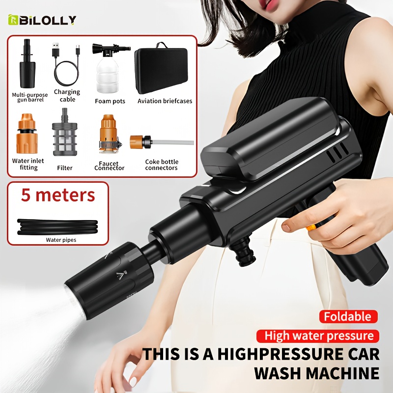 TEMU Accessoires de Lavage Haute Pression Fil Portables, Pistolet Nettoyant à Monture Véhicule 980PSI fil avec Design Miniature et Pliable, 12000mAh