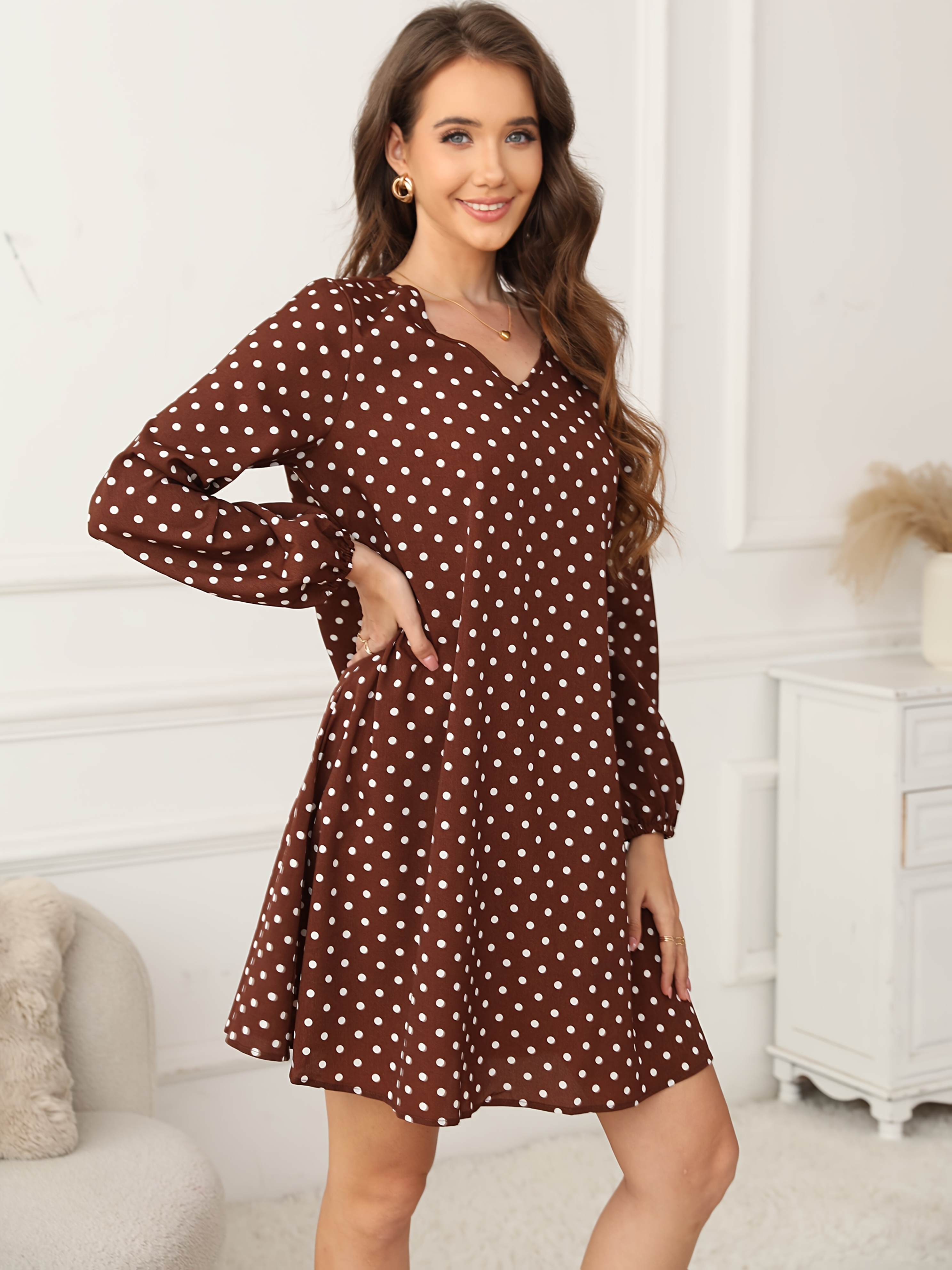 princess polly baby blue dress Brown Polka Dot Dress: Tan, Chocolate, Metallic main image 1