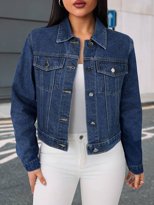 womens denim jacket with a lapel casual and stylish fitted design single breasted flap collar coat long sleeve denim jacket womens denim clothing