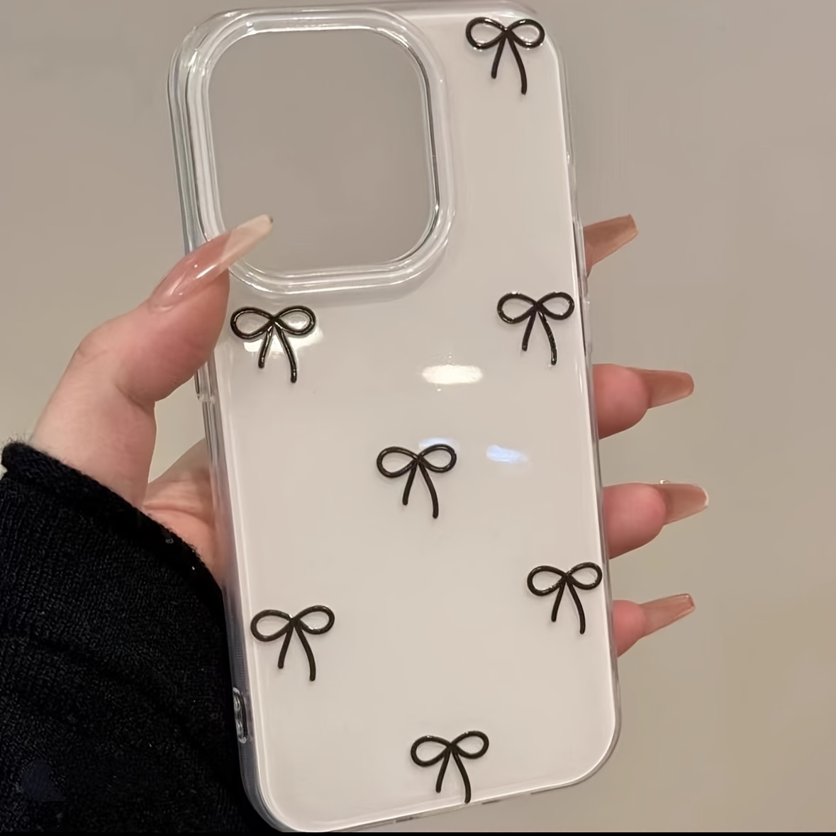 TEMU Black Bow Mobile Phone Case, Large Hole White Background Imd, Suitable For 16 Pro Max 15 14plus 11 Protective Cover