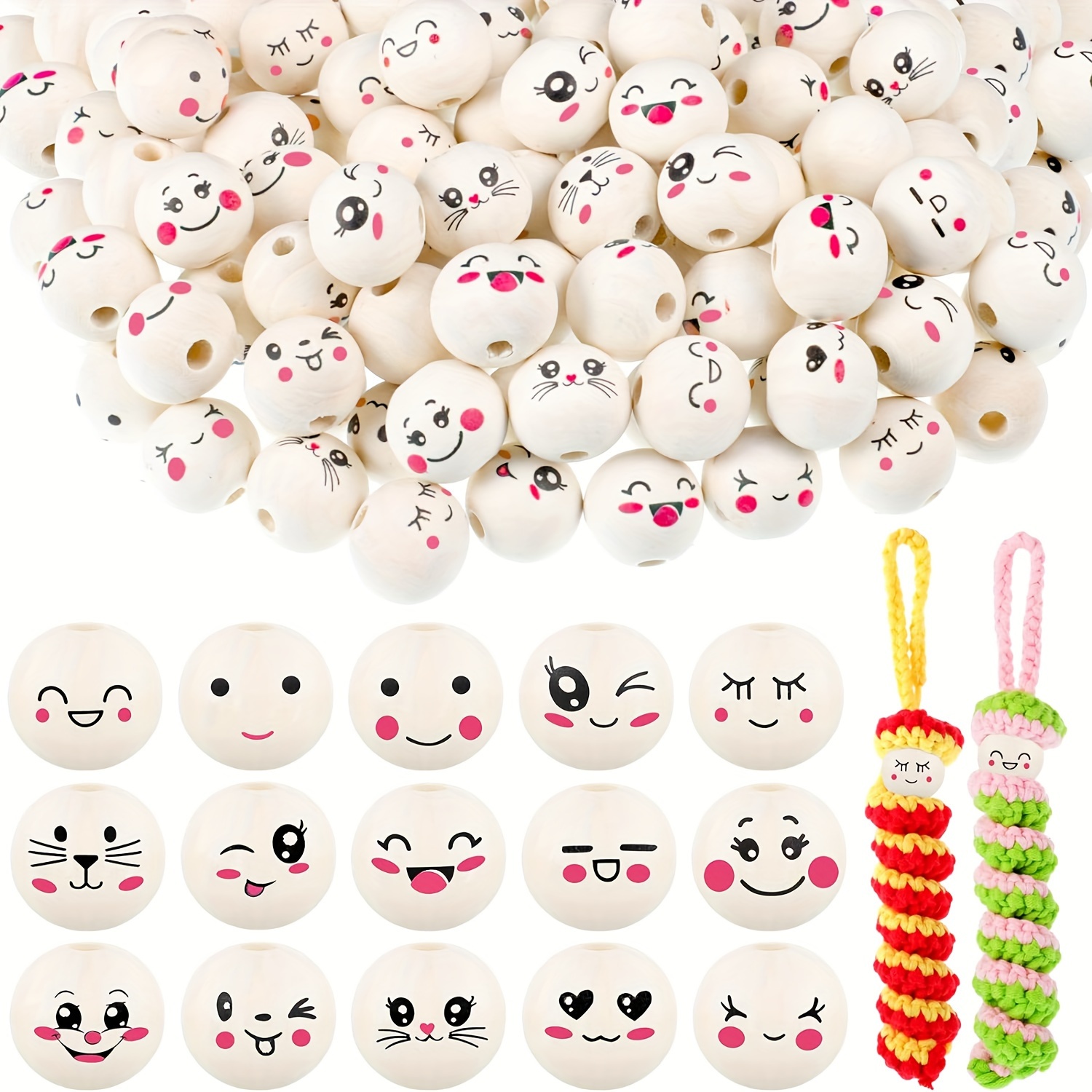 

75 Pcs Wooden Beads With Face: 15 Styles Wooden Balls With Hole 20mm, Smiling Face Wooden Beads, Nature Wooden Heads For Worry Worms, Diy Jewelry Making, Crafts