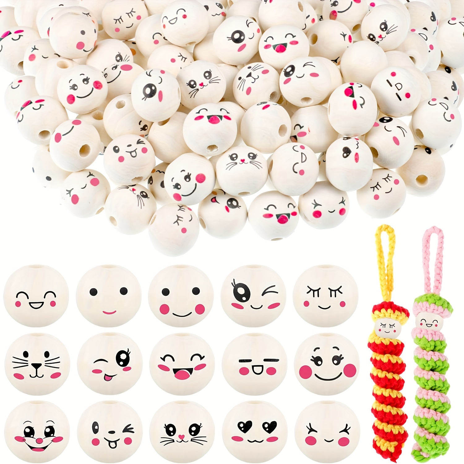 

75pcs Wooden Beads With 15 Styles Face, 20mm Smiling Face Wooden Balls With Hole, Perfect For Worry Worms, Diy Jewelry Making, And Crafts