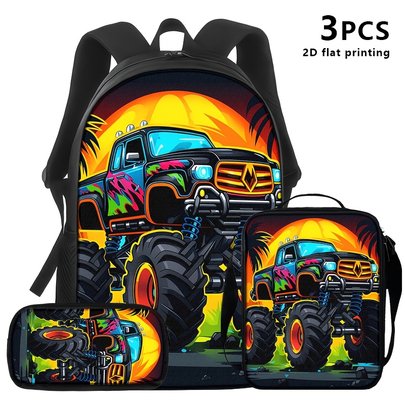 TEMU 1pc/2pcs/3pcs Backpack, Shoulder Bag, Pouch With Vibrant Monster Truck 2d Print; Urban Street Style, Ideal For Young Adults On Commutes, , Or