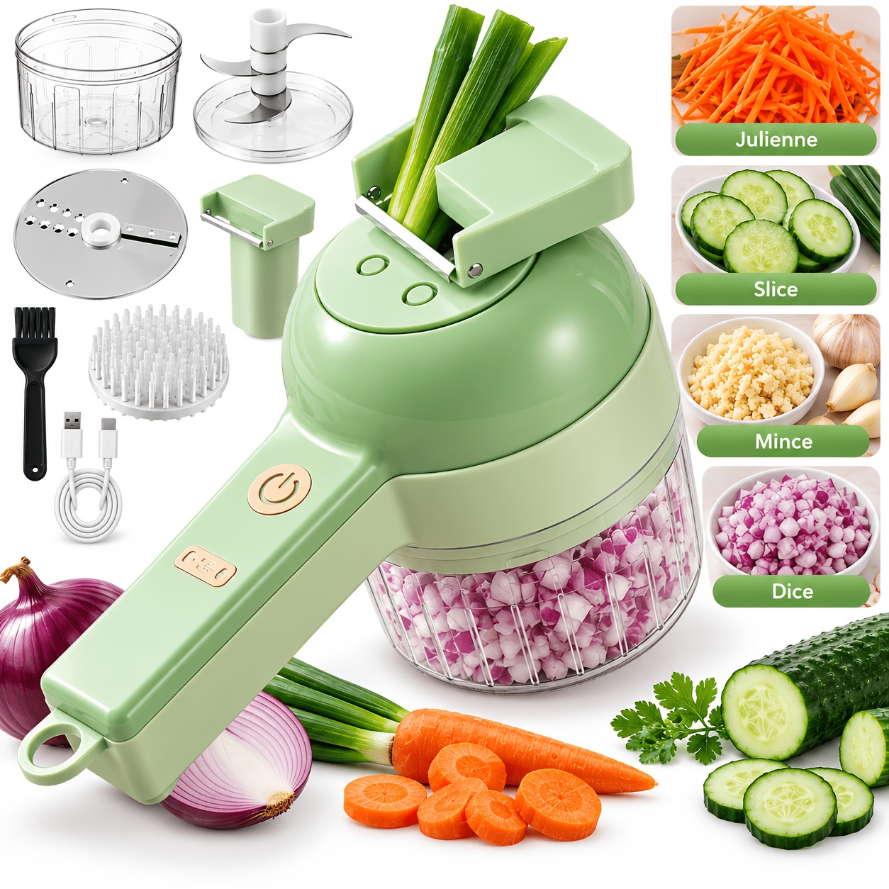 3 in 1 handheld electric kitchen tool usb rechargeable vegetable slicer multifunctional garlic chopper pot brush home vegetable cutting cleaning gadget Product details 1
