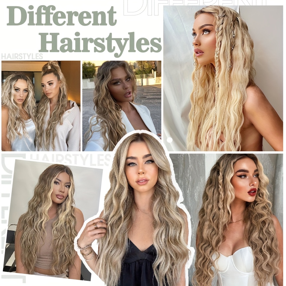 24 inch clip in hair extensions 4pcs long curly wavy thick highlighted clip in hairpieces synthetic hair extension for women daily halloween use   blonde mixed bleach blonde black balayage details 0