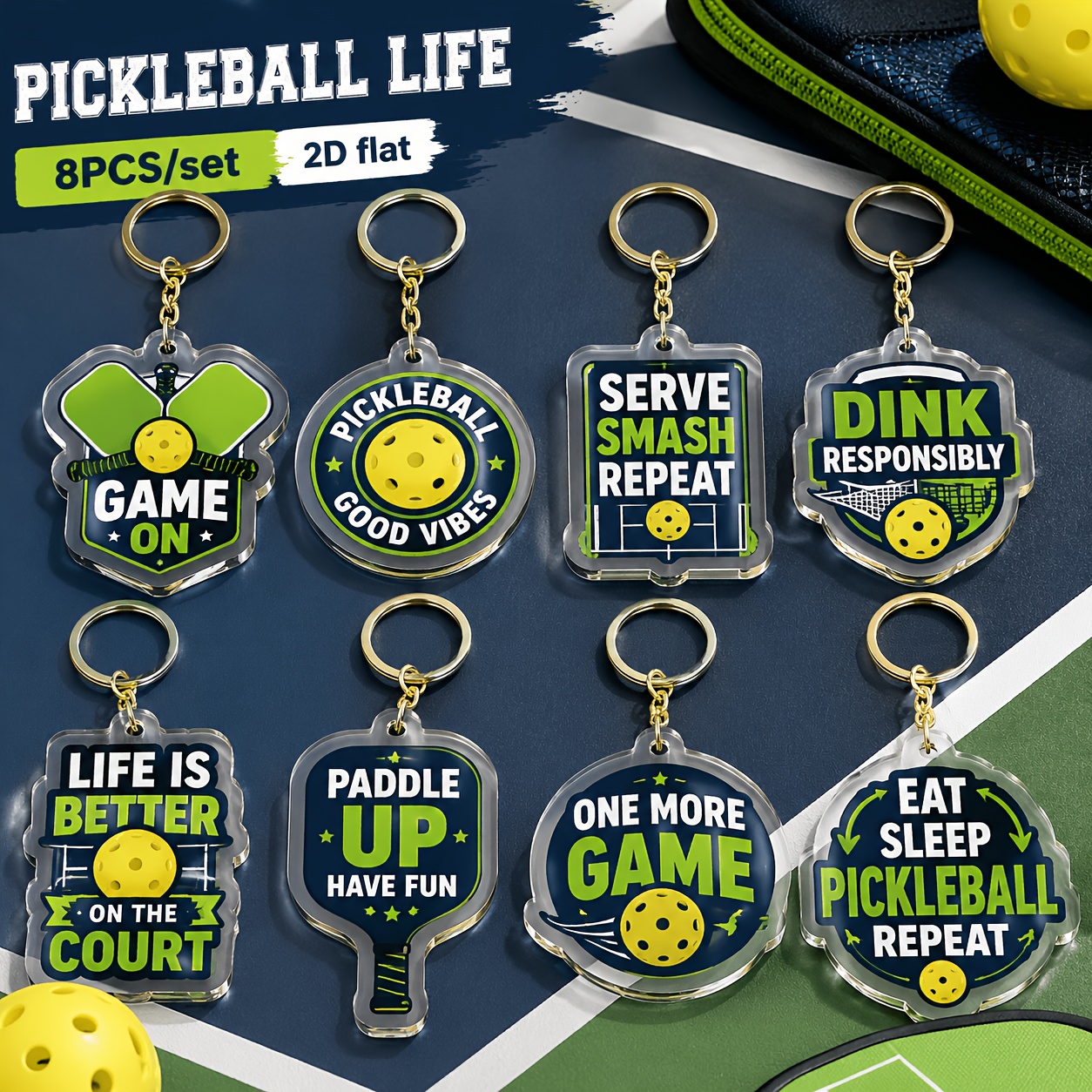 TEMU 2D Plat - [Plaque 2D] 8pcs Porte-clés Acrylique Transparent Thème Jeu de Pickleball Amusant, Sacs de Clés Accessoires de Voiture Conçus pour les