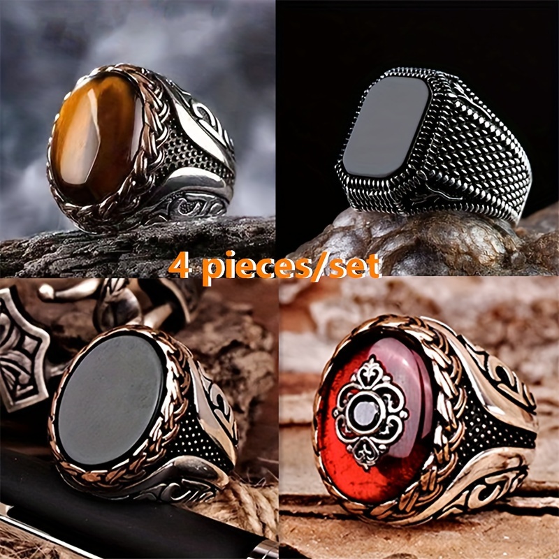 

4-piece European And Set - Men's - Agate Tiger Ring - Classic And 's Ring