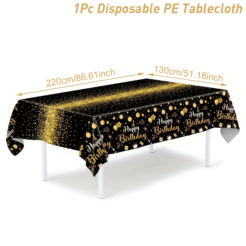 Image of 1pc, Black Golden Birthday Plastic Tablecloth, Disposable Plastic Rectangle Black & Golden Happy Birthday Tablecloth Table Cover - Birthday Party Tablecover Decor - 86.6"x51.1"