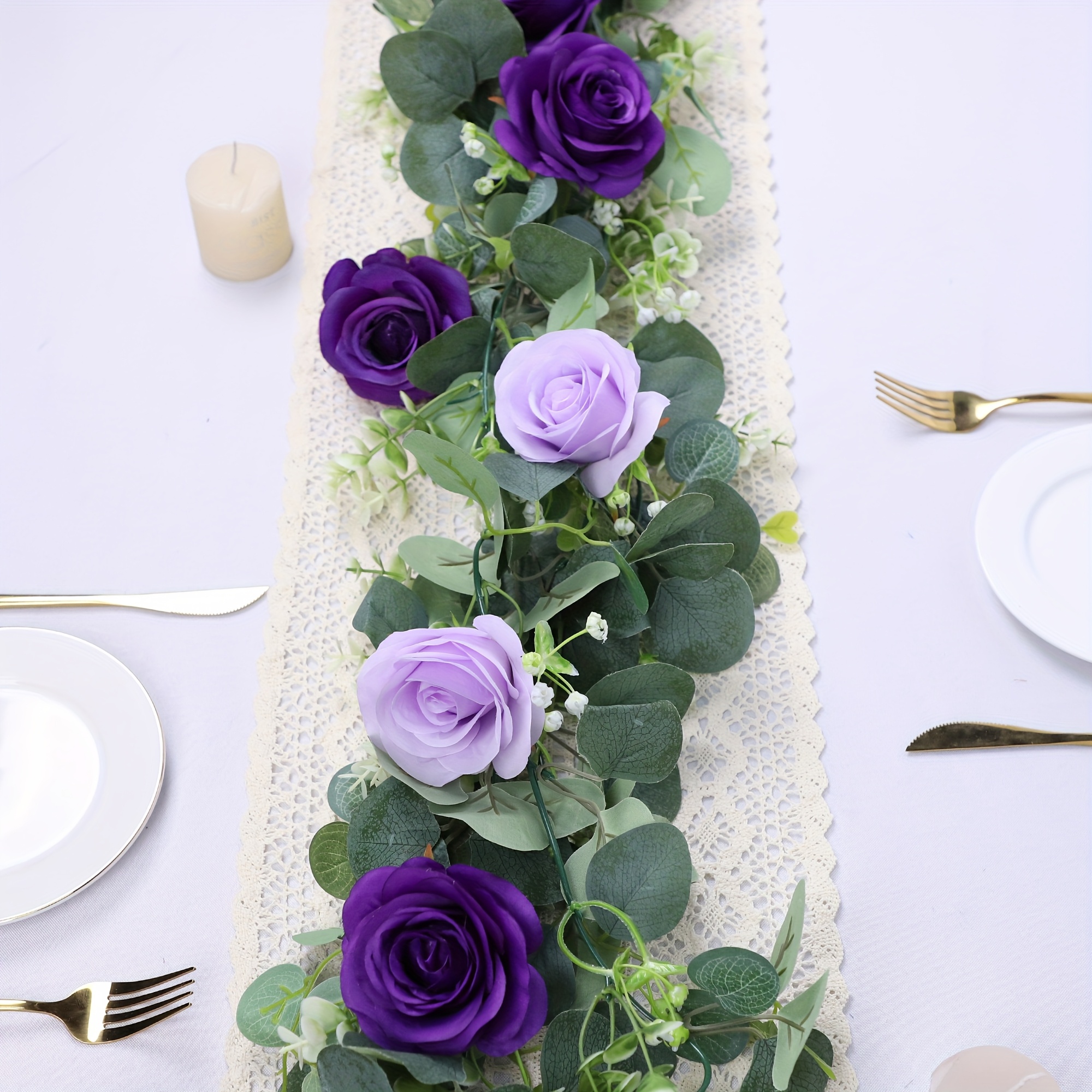 2 Stck 3,66 Meter Knstlicher Eukalyptus-Kranz mit Blumen  Realistische  Kunstpflanze mit Fliederrosen & Eukalyptusblttern fr Hochzeitsbgen,  Garten, Tischdekoration  Hngedekoration fr *-Fest, ...