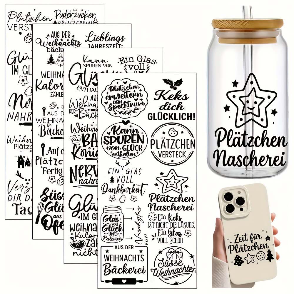 TEMU 4 Stk. lustige deutsche Back-Themen-Aufbügler-UV-DTF-Transferaufkleber, deutsches Weihnachtszitate-Design für 16oz -Glasbecher, hochwertige &