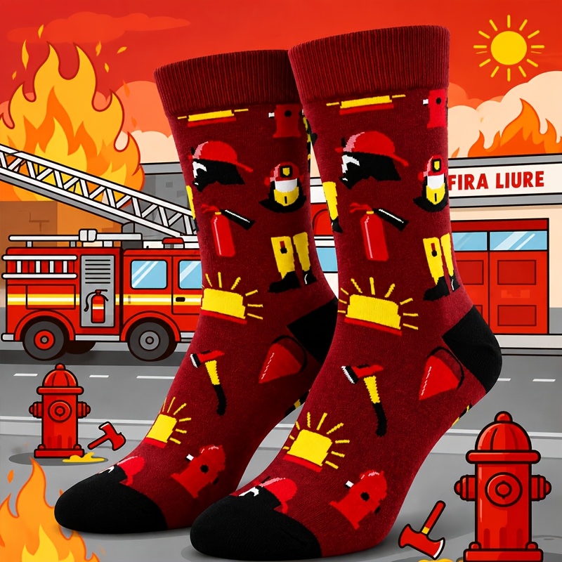 TEMU 1-pair Men's Firefighter-themed Socks - Thick Mid-calf Fire & Fire Hydrant Design, Breathable Moisture-wicking Suitable For Sports, Casual Wear,