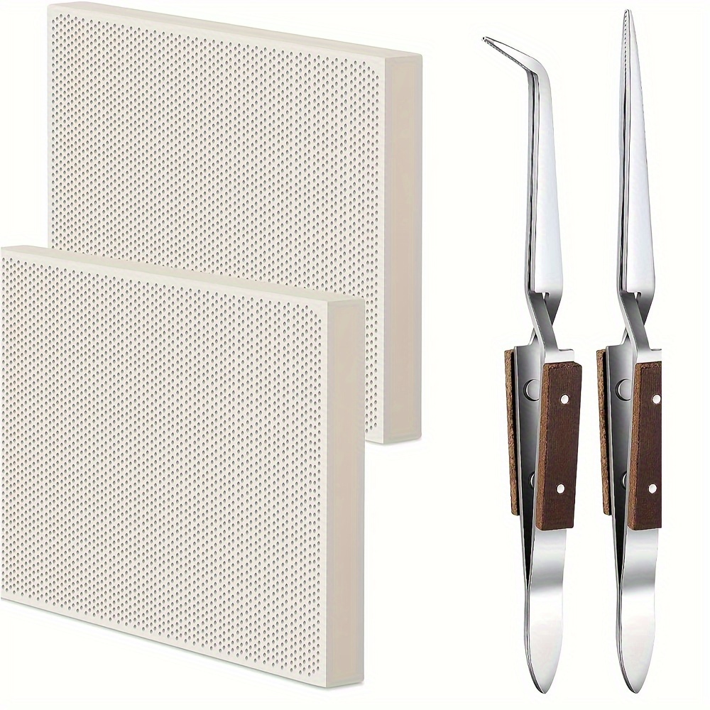 

4pcs Jewelry Welding Kit: Heat-resistant Brick, Straight & Curved Tweezers For Golden & Silvery Melting - Honeycomb High-temperature Insulation Pad