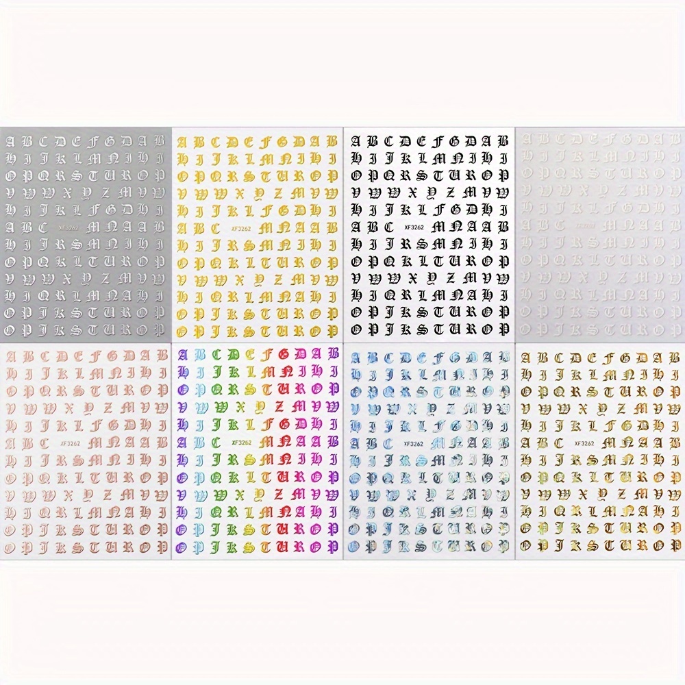 Image of 8 Sheets Letter Nail Art Stickers Decals Supplies - 8 Colors 3d Self-adhesive Fashion English Letter Nail Design Acrylic Decorations For Women Diy Nail Accessories Manicure Tips
