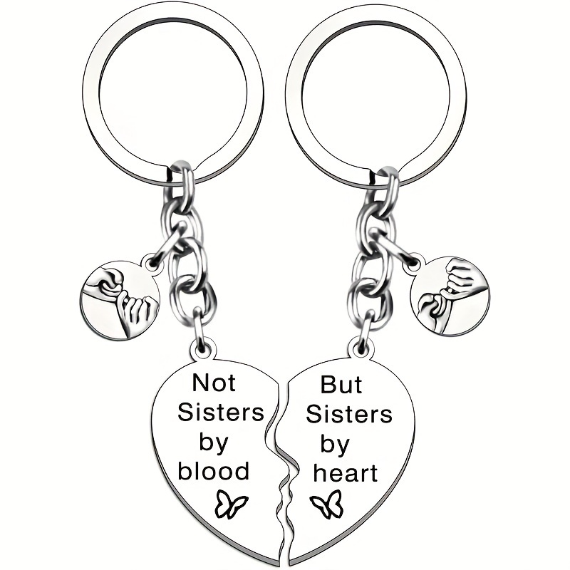 Stainless -shaped Sister Keychain Set For 2, Friendship Key Rings With Engraved Alphabets, Christmas Gift For Women - "not Sisters By Blood But "