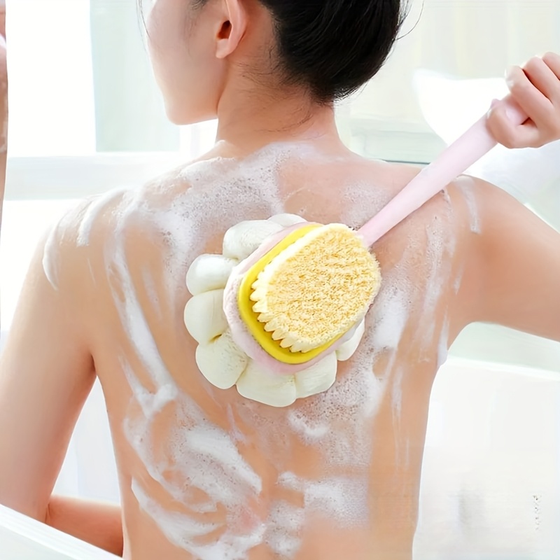 1pc long handled shower body brush with bristles loofah curved back scrubber for exfoliation massage and light beige   in 1 bath tool for men women   design exfoliating scrubber longhandle design durable scrubber soft mesh sponge Product details 0