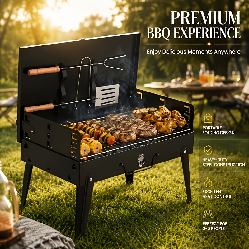 TEMU 16.7-inch Portable Charcoal Grill, Foldable Barbecue Set For Easy Portability, 2 Barbecue Tools, 160-square-inch Cooking Area Mini Tabletop