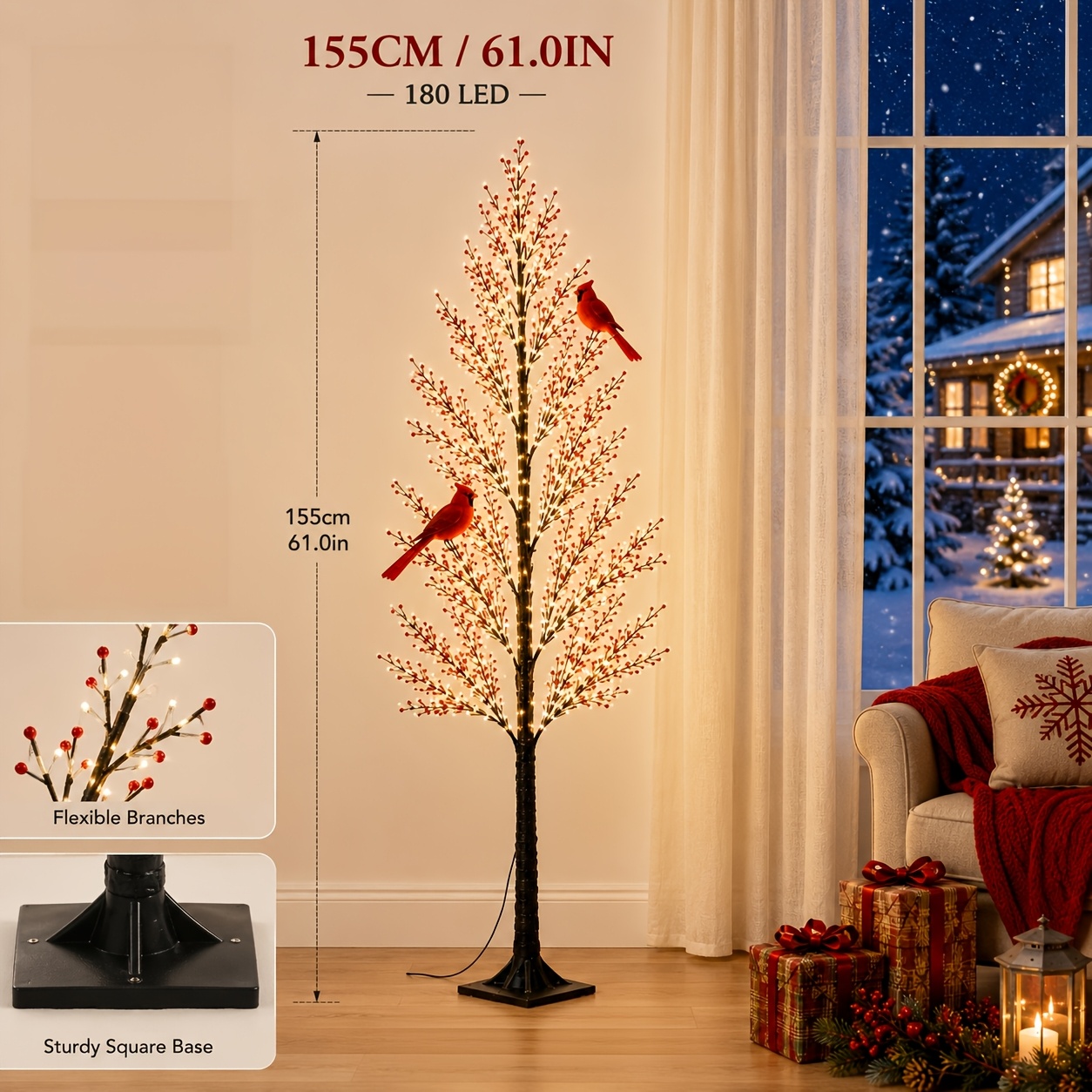 TEMU 6.1ft/5.1ft Lighted Christmas Twig Tree With Red And Berries, 300/180 Warm White Leds, Pre-lit Holiday Branch Tree For Christmas Yard, Porch &