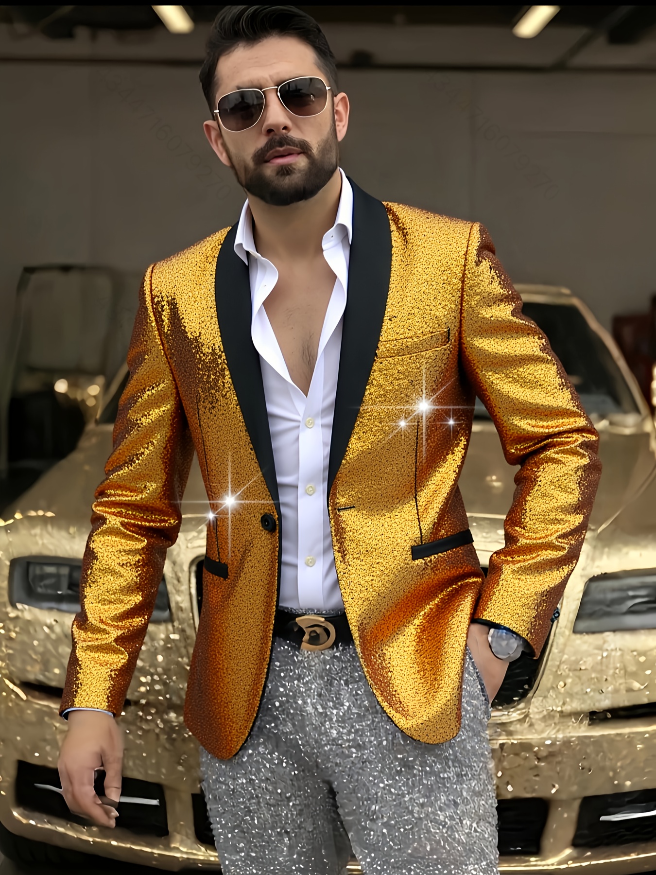 1pc, men's sequined jacket, , performance dress, golden sequined suit,  korean style suit, nightclub men's studio jacket | Today's Deals | Temu