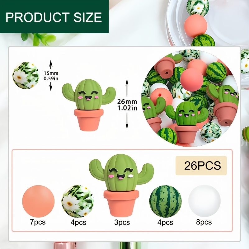 TEMU Lot de 26 perles en 3D de cactus avec capsules florales cactus et printemps/été, adaptées pour le bricolage, la création, les stylos perlés, de