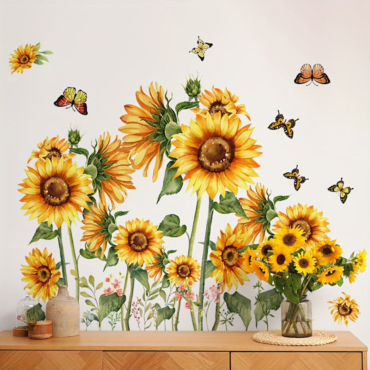 

Sunflower & Butterfly Wall Decal - Reusable Pvc, Self-adhesive Floral Sticker For Living Room And Bedroom Decor