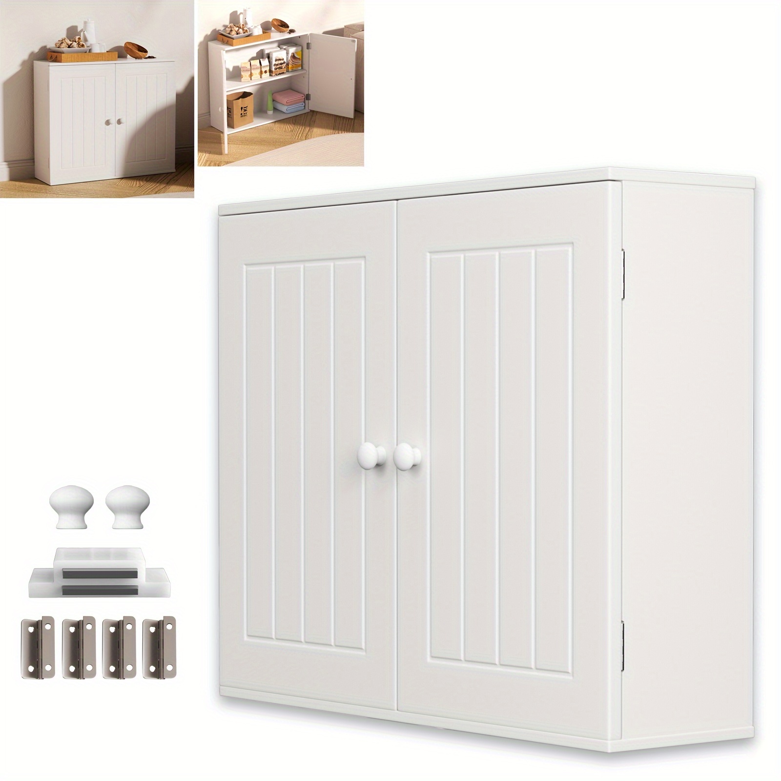Image of Kitchen Storage Cabinet 3 Hole Height Design And 2 Placement Bathroom Wall Cabinet Modern Widened Design Large Capacity Hanging Cupboards With Double Door And Adjustable Shelf White 60x15x50cm