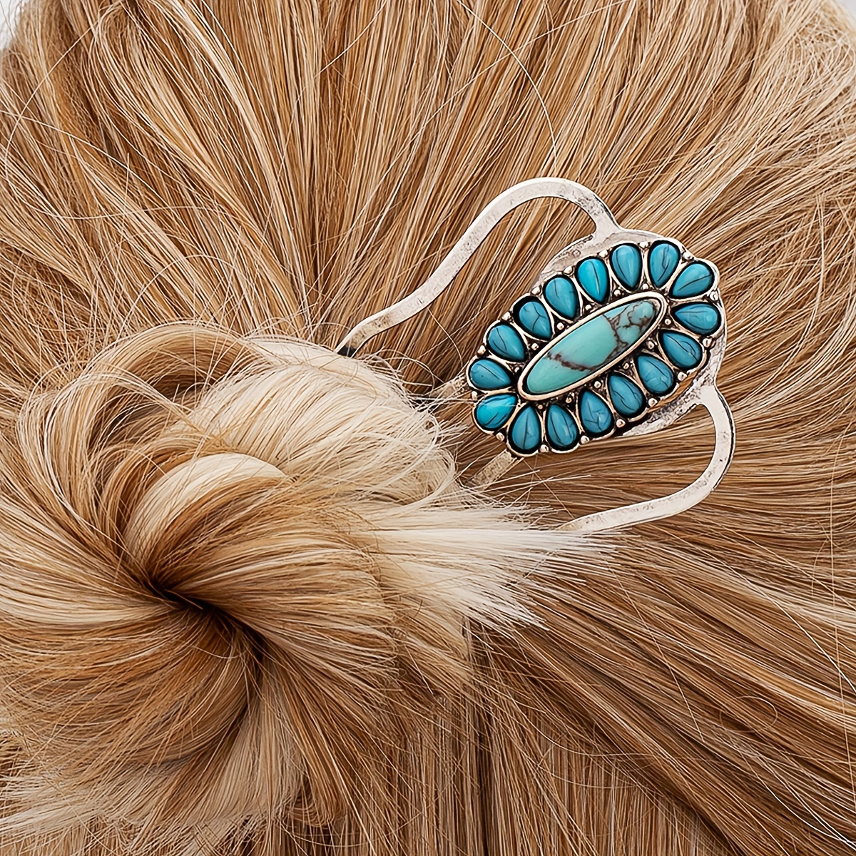 

1pc Western Style Turquoise Decorative Hair Insert Comb Hair Bun Maker Trendy Hair Styling Accessories For Women And Daily Use