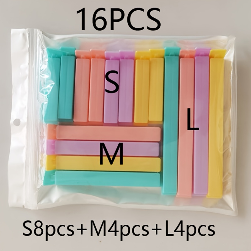 Image of 16pcs Food Bag Sealing Clips, 3 Sizes Plastic Food And Snack Storage Clips, Suitable For Bread, Snacks, Cereal, Kitchen Home Pantry Colorful Sealing Bag Clips