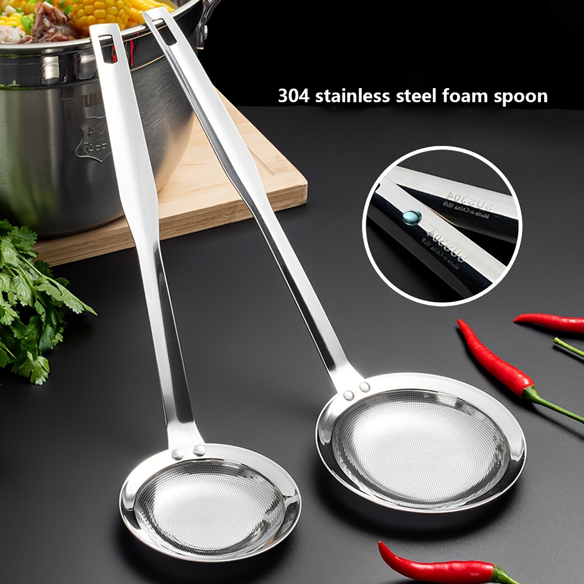 

1pc Premium Stainless Steel Skimmer Spoon - Multi-functional Kitchen Strainer And Food Server With Foam & Removal Tool