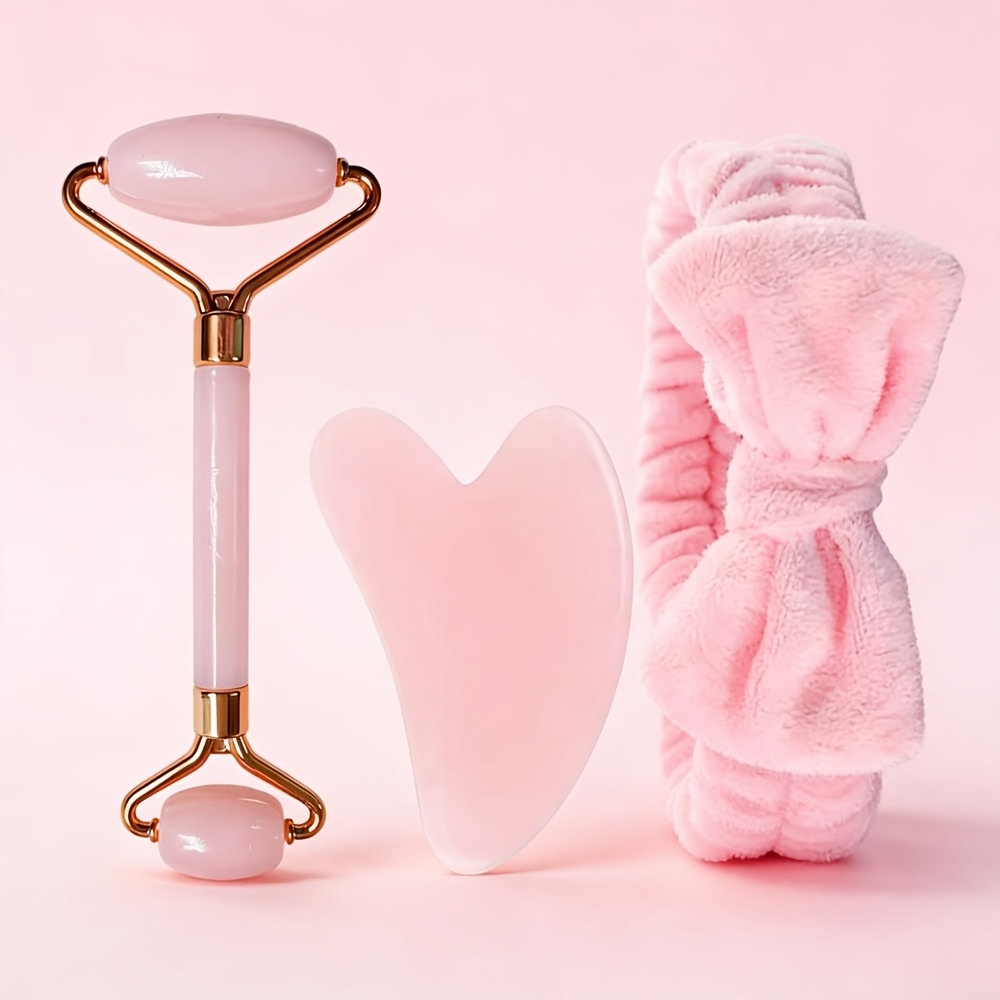Image of 3pcs Natural Jade Massage Roller + Heart-shaped Scraping Board + Makeup Hairband Tool Set Rose Pink Crystal Jade Facial Scraping Tool Massage Relaxation Use/gift Use