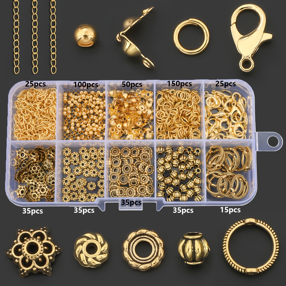 TEMU Kit de 505 pièces/boîte pour la fabrication de bijoux DIY, doré ancien + doré, inclut des fermoirs à pince + des embouts de fleur + des cadres