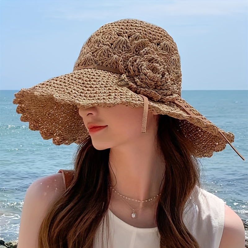 Women's Summer Sun Hat, Fishing Hat with Lace Trim, Wide Brim Straw Hat, UV Protection Beach Travel Hat, Foldable Lady Sun Hat for Summer,Temu