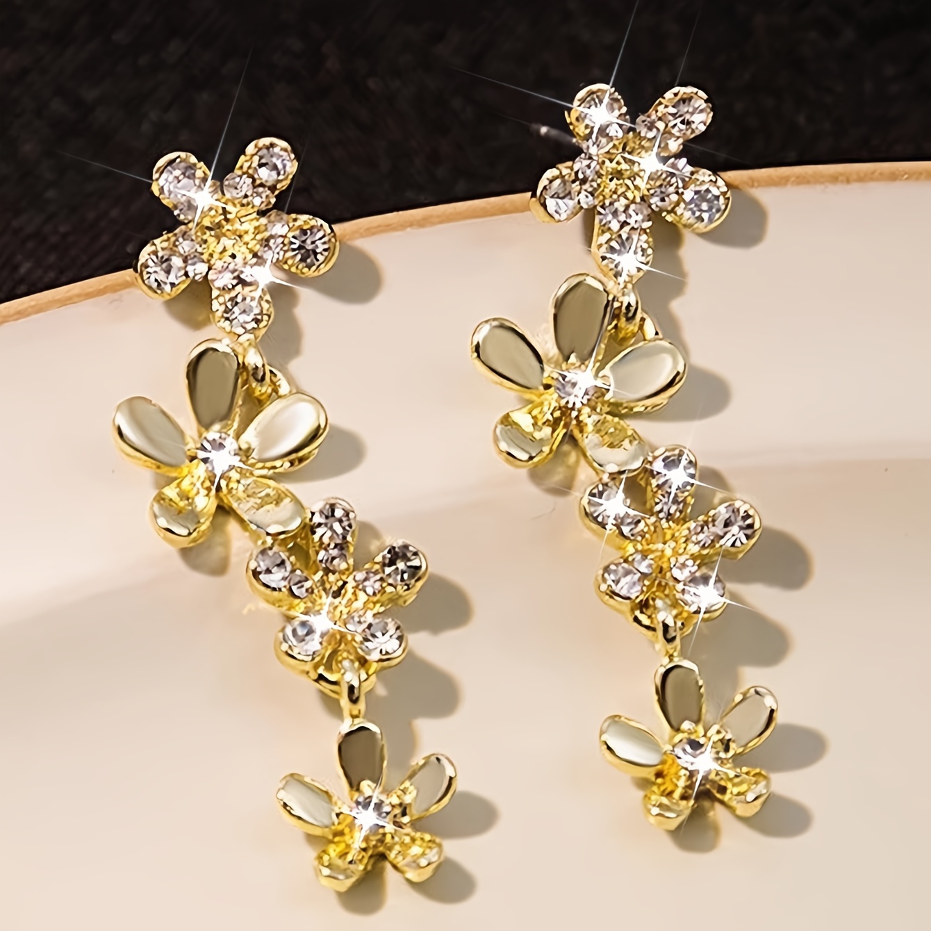 

Exquisite Golden Flower Design Shiny Rhinestone Inlaid Dangle Earrings Elegant Simple Style Delicate Female Gift