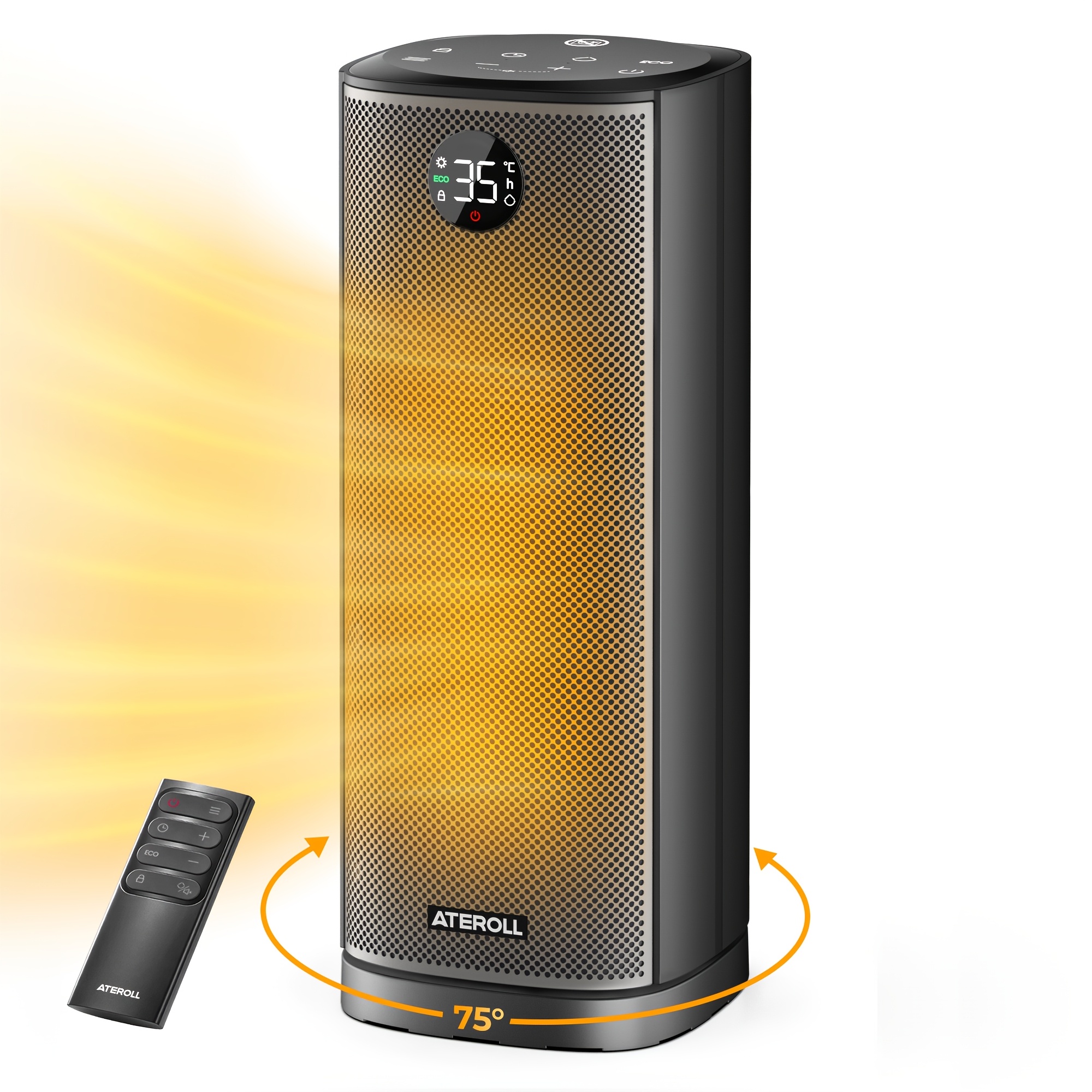 TEMU Ateroll Calentador de con Control Remoto, Calentador Eléctrico de 2000W con Oscilación de 75°, Calentamiento Rápido y Protección contra