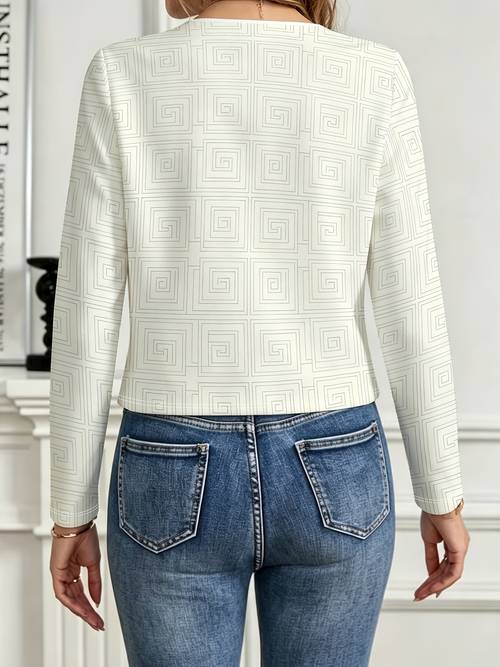 womens short length round neck open front jacket with spiral pattern and print