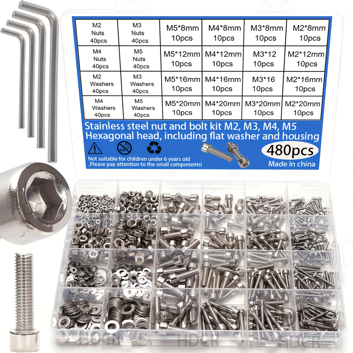 Juego de 480 piezas de tornillos y tuercas hexagonales de acero inoxidable - M2, M3, M4, M5, cabeza hexagonal - Incluye llave de fregona plana
