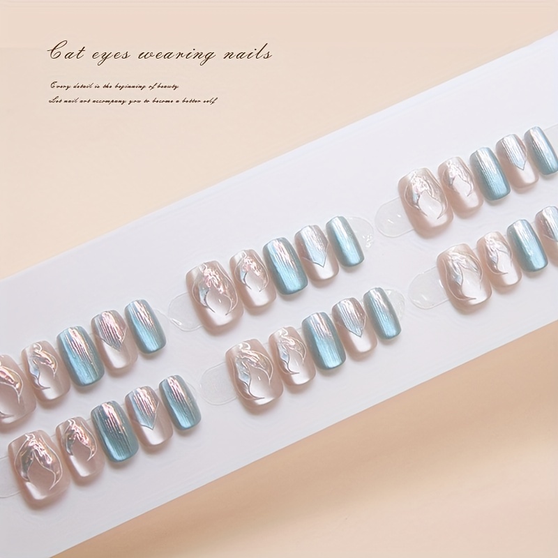 

30pcs Mermaid Cat Eye Wearable Nail Short Ballet Small Short T Nail Plate Pre-made Nail, With A Nail File And A Jelly Glue